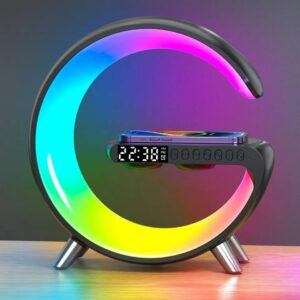 Vezeték nélküli töltő, Led asztali lámpa, Otthoni dekoráció hangszóróval, Órajelzővel, Okos mobil APP, RGB, éjszakai fény