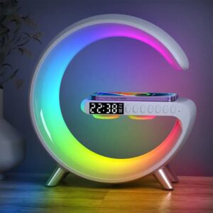 Vezeték nélküli töltő, Led asztali lámpa, Otthoni dekoráció hangszóróval, Órajelzővel, Okos mobil APP, RGB, éjszakai fény