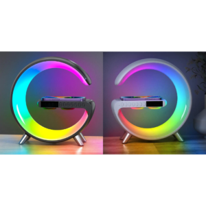 Vezeték nélküli töltő, Led asztali lámpa, Otthoni dekoráció hangszóróval, Órajelzővel, Okos mobil APP, RGB, éjszakai fény (másolat)